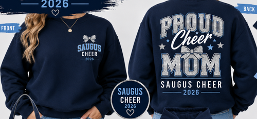 Saugus Cheer merchandise collection with apparel and accessories featuring 'Proud Cheer Mom' text.