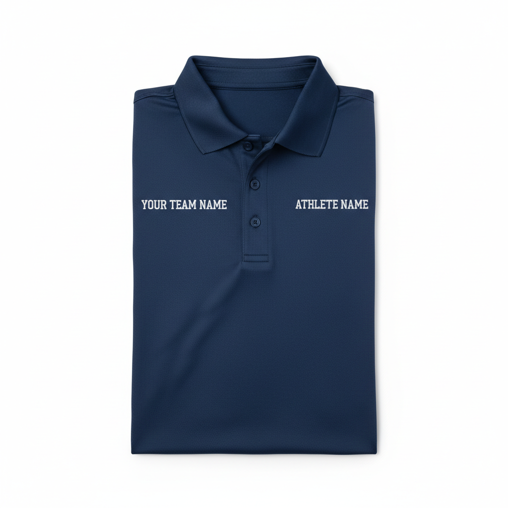 Custom team polo with team name on left chest and athlete name on right chest