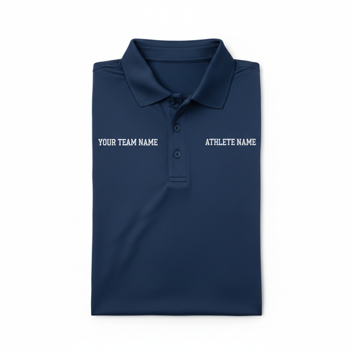 Custom team polo with team name on left chest and athlete name on right chest